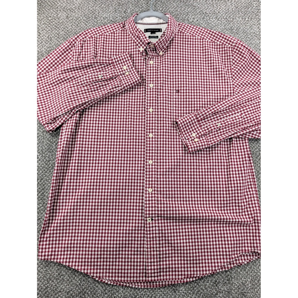 Tommy Hilfiger Mens XXL Gingham Button Down Shirt Red White Classic Fit Stretch